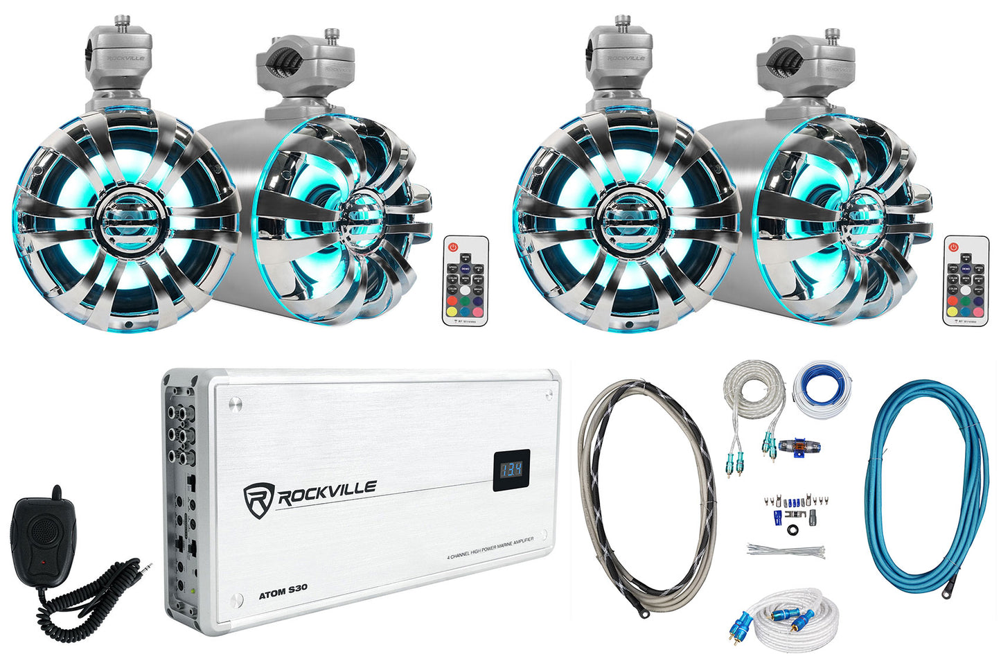 WB65KLED Silver 2-Pack + ATOM S30 Amp + Install Kit Bundle