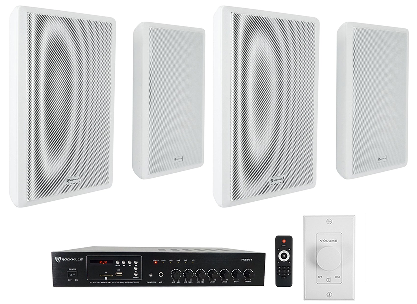 RCS80-1 60W Amplifier + RockSlim 70W White Speakers 4-Pack + VOL70100 White Bundle