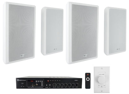 RCS80-1 60W Amplifier + RockSlim 70W White Speakers 4-Pack + VOL70100 White Bundle