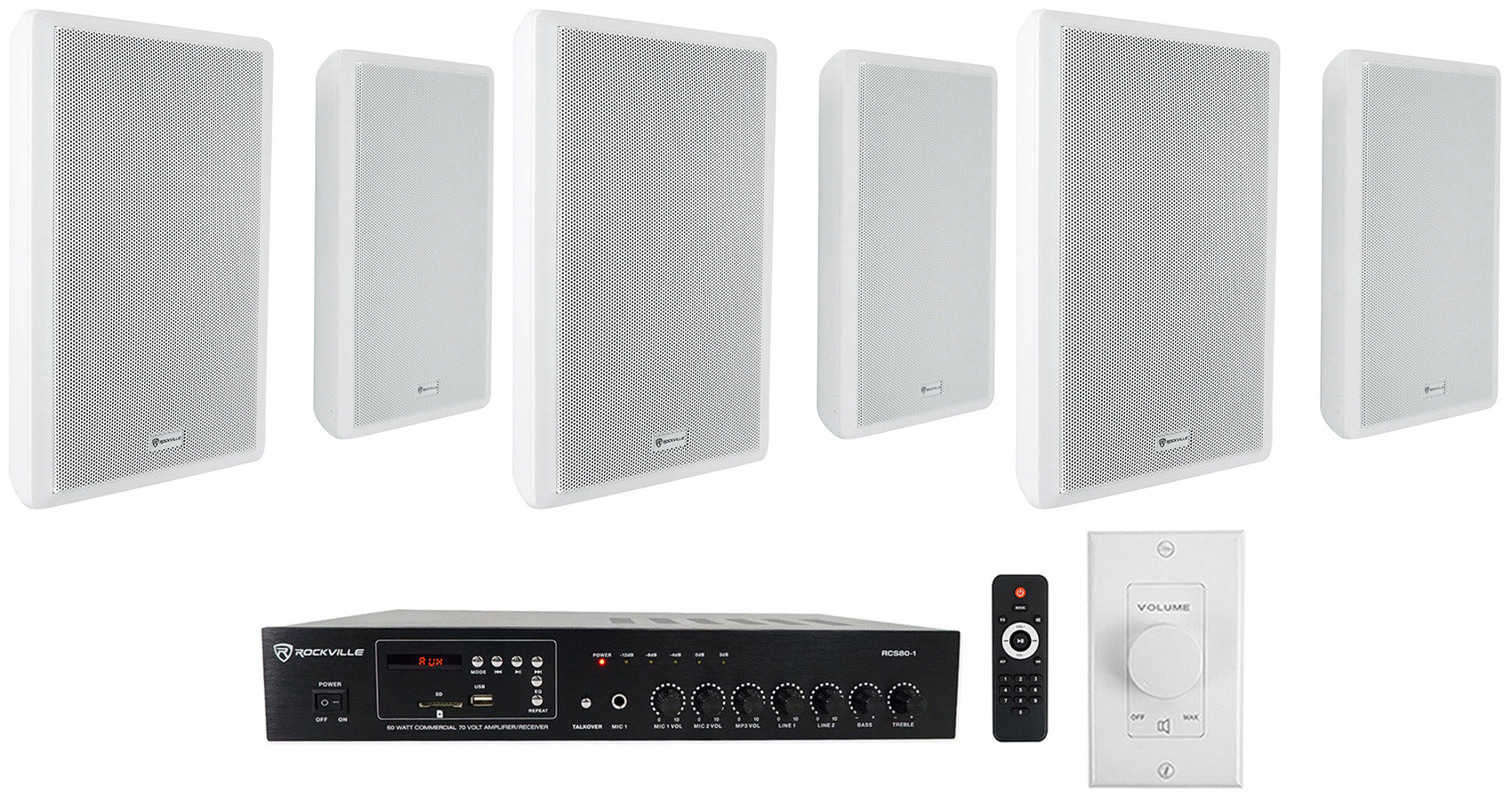 RCS80-1 60W Amplifier + RockSlim 70W White Speakers 6-Pack + VOL70100 White Bundle
