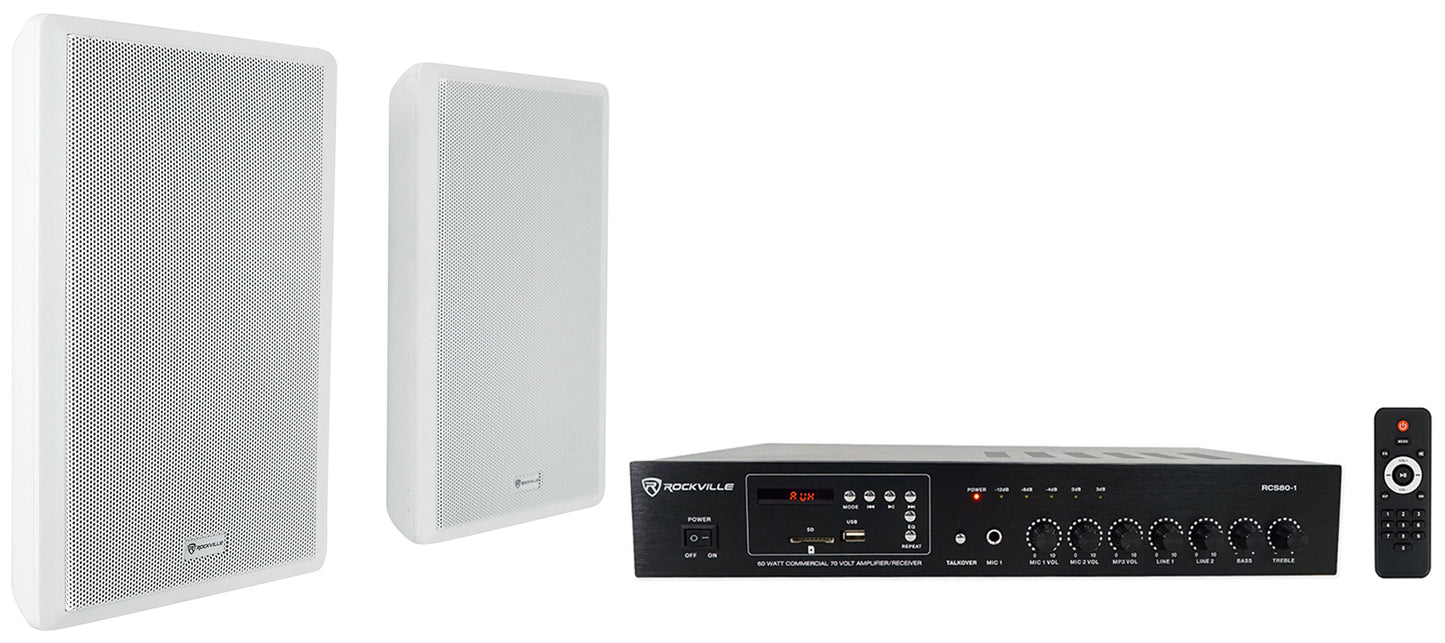 RCS80-1 60W Amplifier + RockSlim 70W White Wall Speakers 2-Pack Bundle
