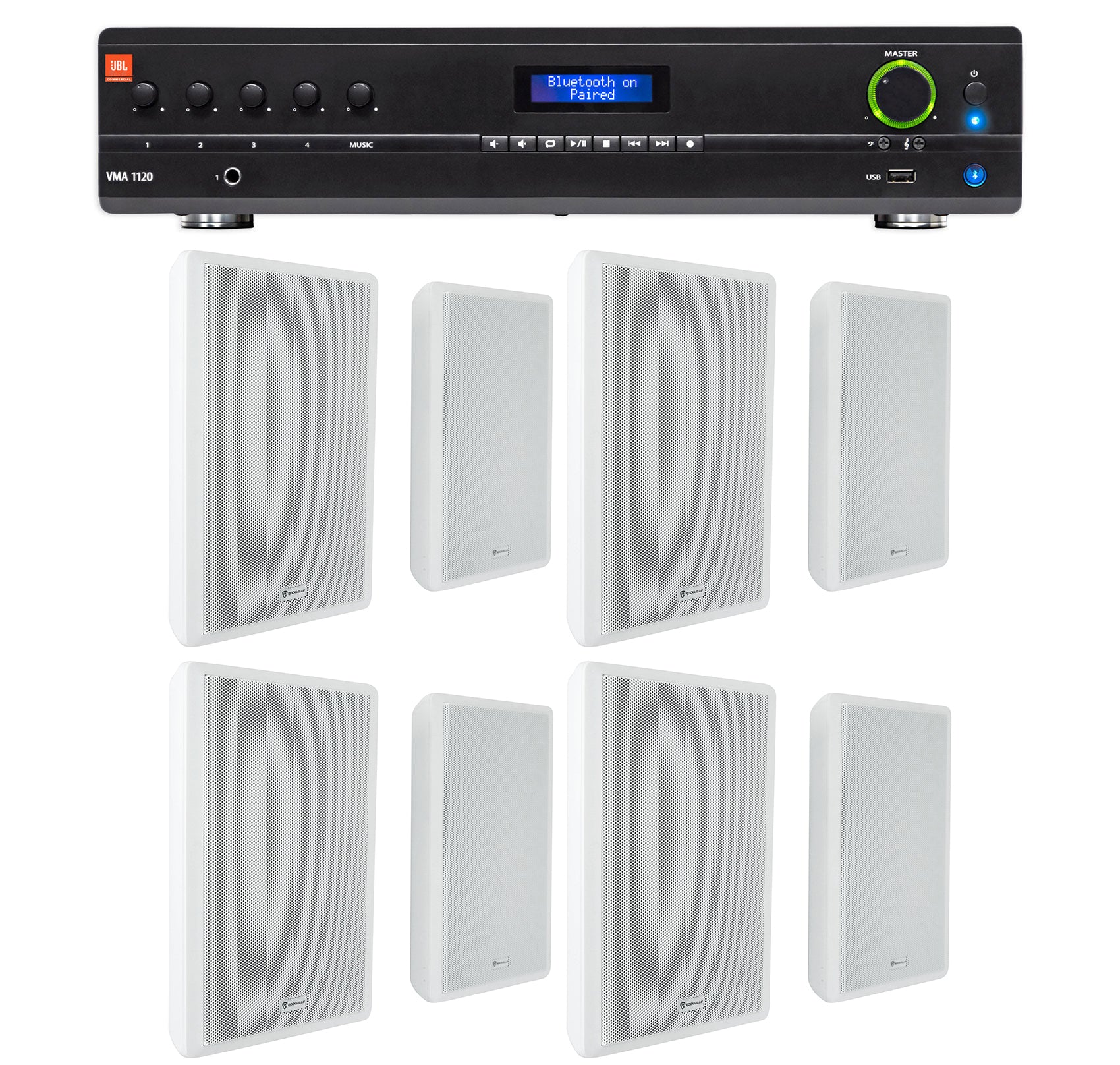 JBL Commercial Amplifier+(8) Slim White Wall Speakers for Restaurant/Bar/Cafe