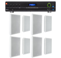 JBL Commercial Amplifier+(8) Slim White Wall Speakers for Restaurant/Bar/Cafe
