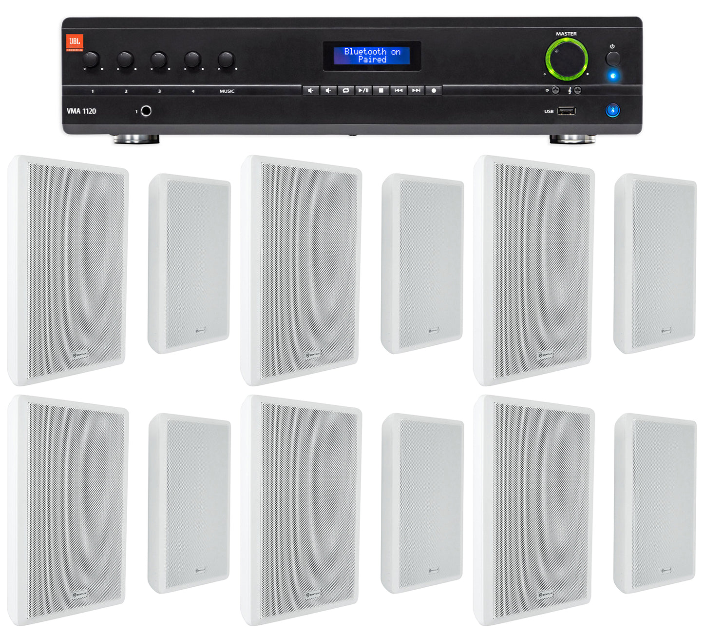 JBL Commercial Amplifier+(12) Slim White Wall Speakers for Restaurant/Bar/Cafe