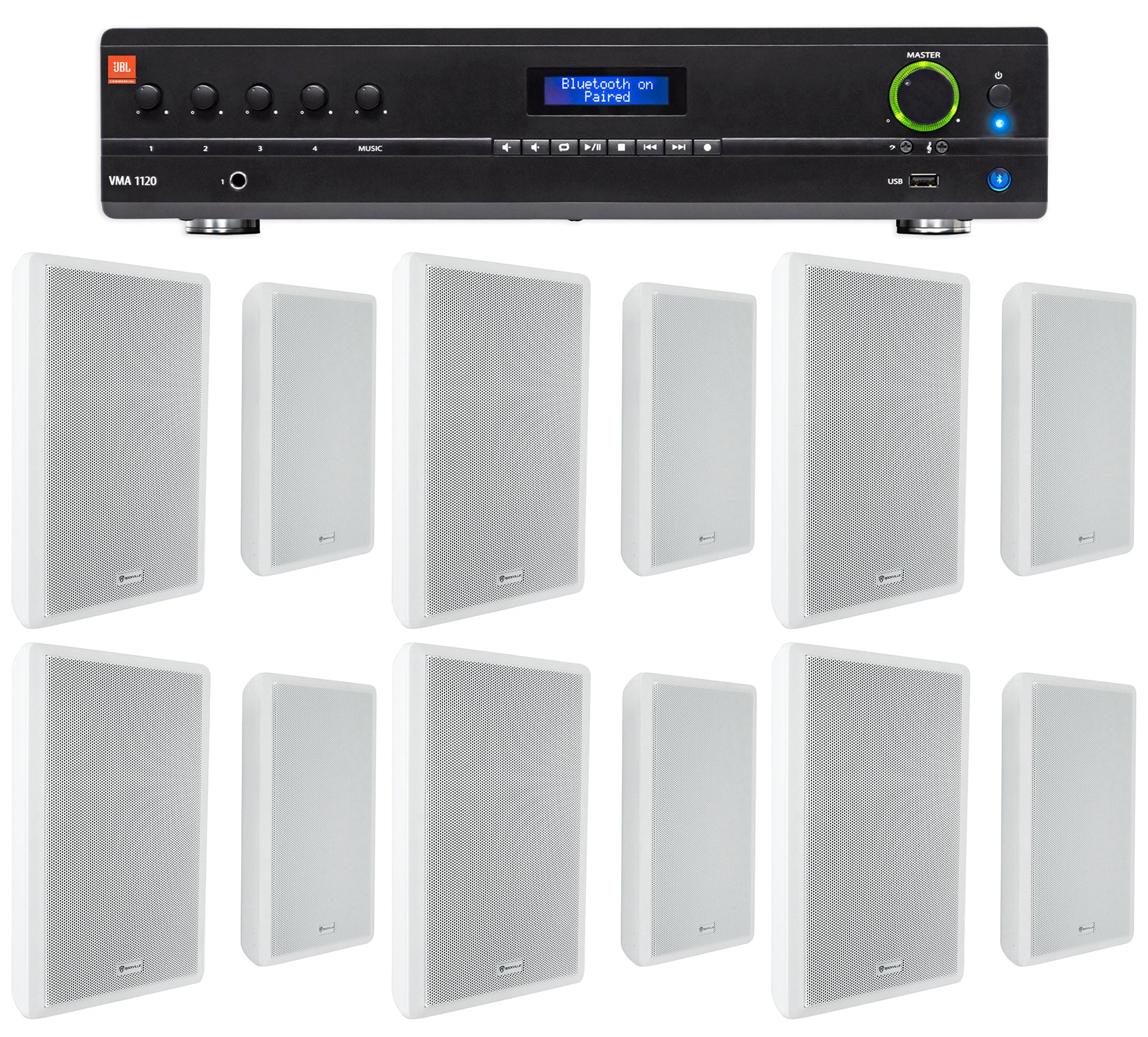 JBL Commercial Amplifier+(12) Slim White Wall Speakers for Restaurant/Bar/Cafe