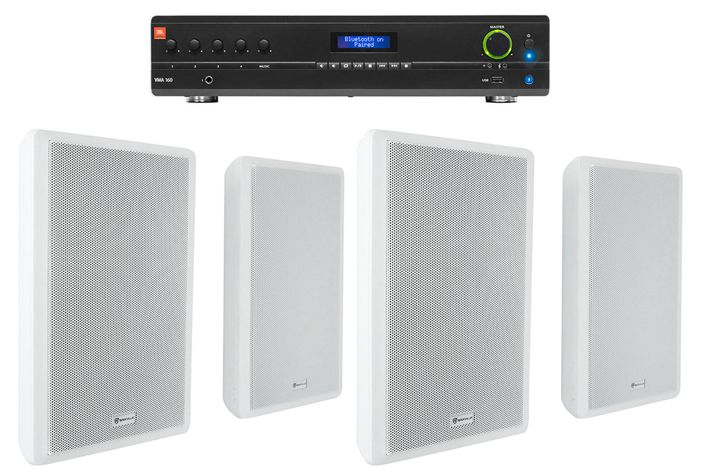 JBL Commercial Amplifier+(4) Slim White Wall Speakers for Restaurant/Bar/Cafe