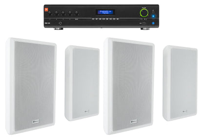 JBL Commercial Amplifier+(4) Slim White Wall Speakers for Restaurant/Bar/Cafe