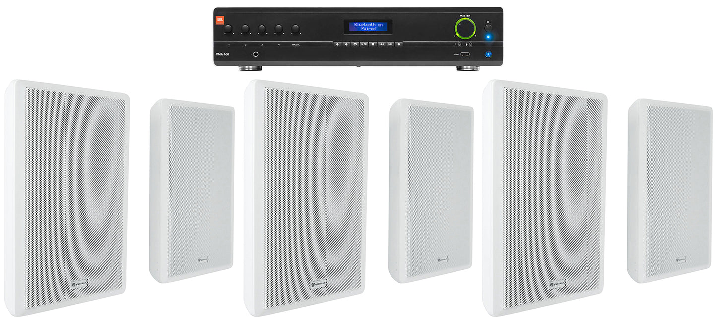 JBL Commercial Amplifier+(6) Slim White Wall Speakers for Restaurant/Bar/Cafe