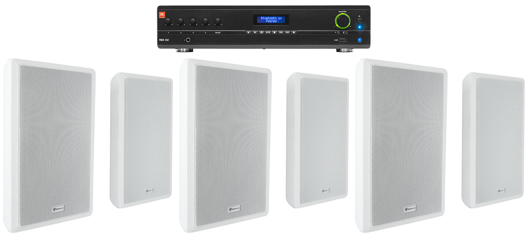 JBL Commercial Amplifier+(6) Slim White Wall Speakers for Restaurant/Bar/Cafe