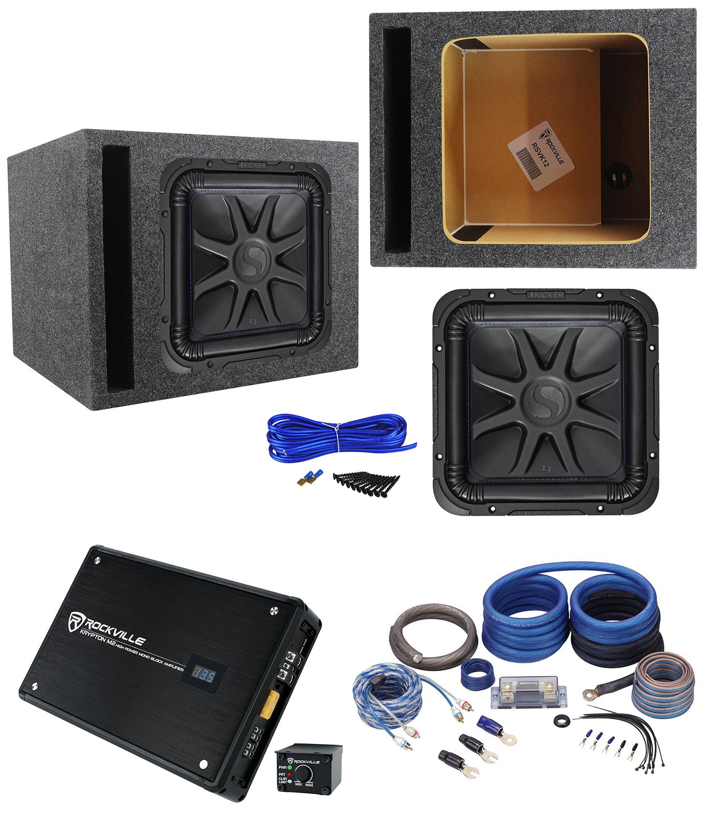 Kicker L7S122 12" Solobaric L7S Car Sub+Vented Enclosure+750W Amplifier+Amp Kit