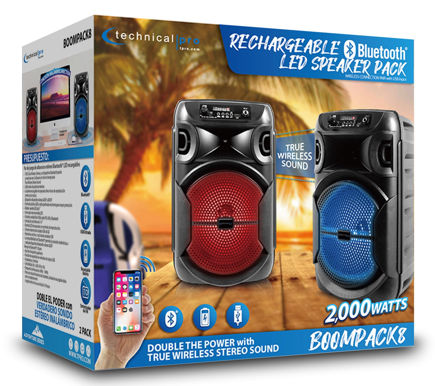 2 Technical Pro BOOMPACK8 8" Wireless Rechargeable Bluetooth Speakers+Microphone