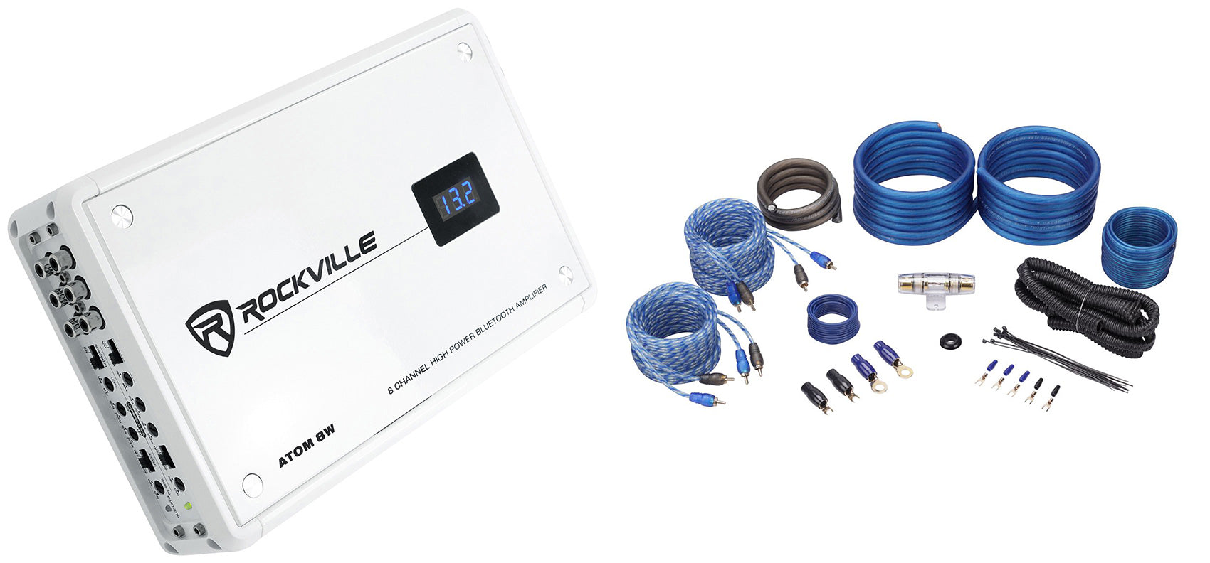 ATOM 8W 8-Ch Marine Amplifier + RWK42 4GA Wiring Kit Bundle