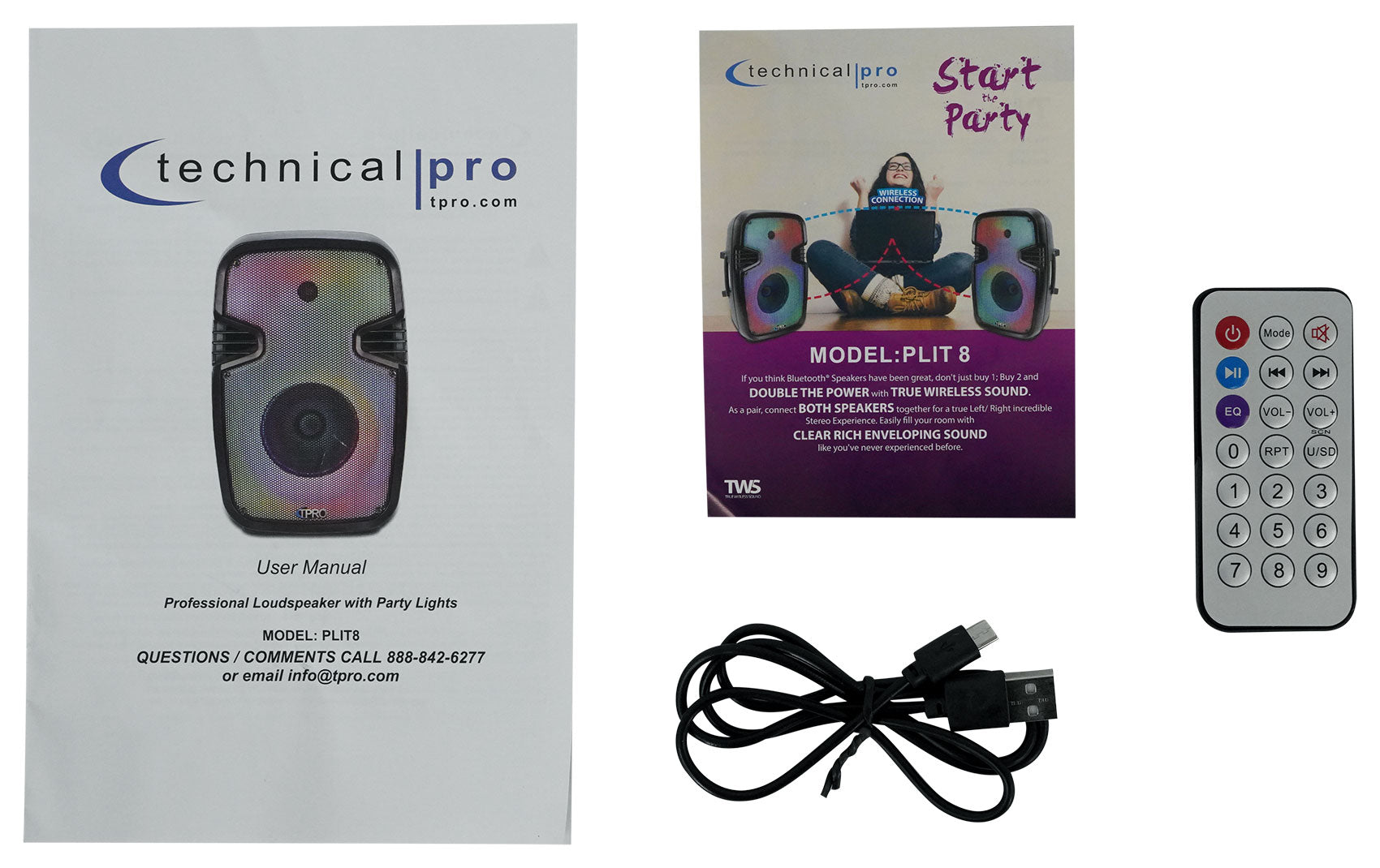 Technical Pro PLIT8 Portable 8" Bluetooth Party Speaker w/LED+Stand+Microphone