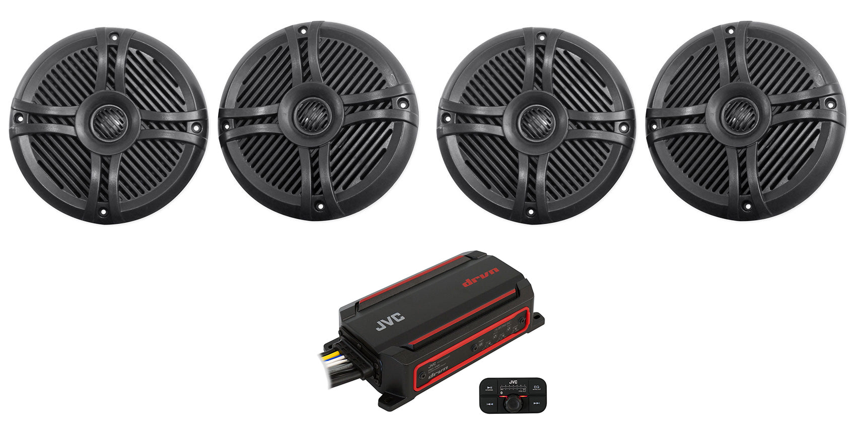 JVC KS-DR2104DBT 600w 4-Channel ATV/UTV Amplifier+(4) Rockville 6.5" Speakers