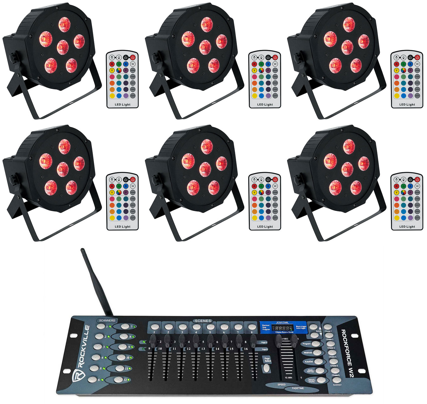 Battery Par 6RF 6-Pack + ROCKFORCE W2 Controller Bundle