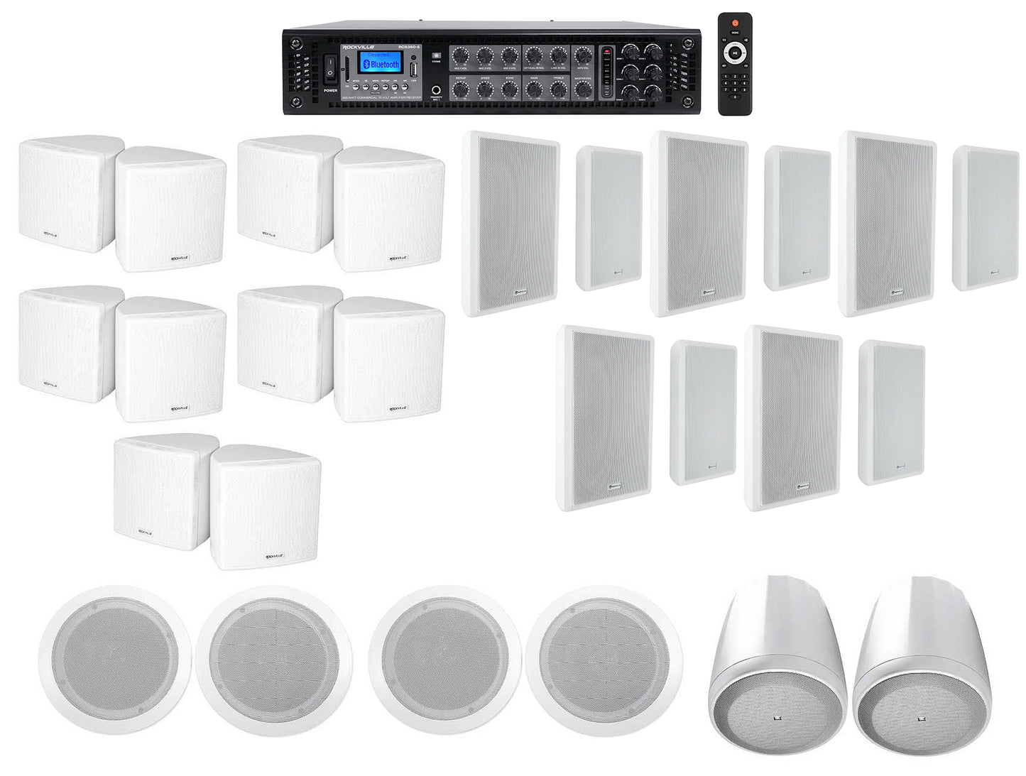 CC65T White 4-Pack + CC65T White 4-Pack + Cube 3.5" White 10-Pack + RockSlim 5.25" White 10-Pack + JBL Control 65P/T White Bundle