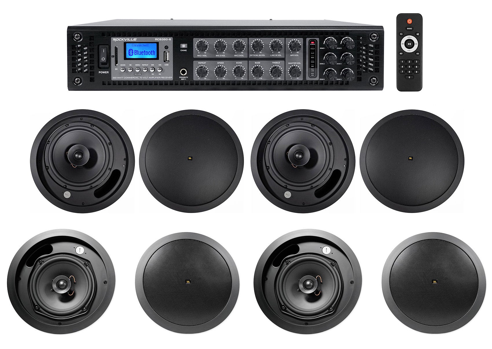 RCS350-6 6-Zone 350W Amp + JBL Control 18C/T-BK + 16C/T-BK Bundle