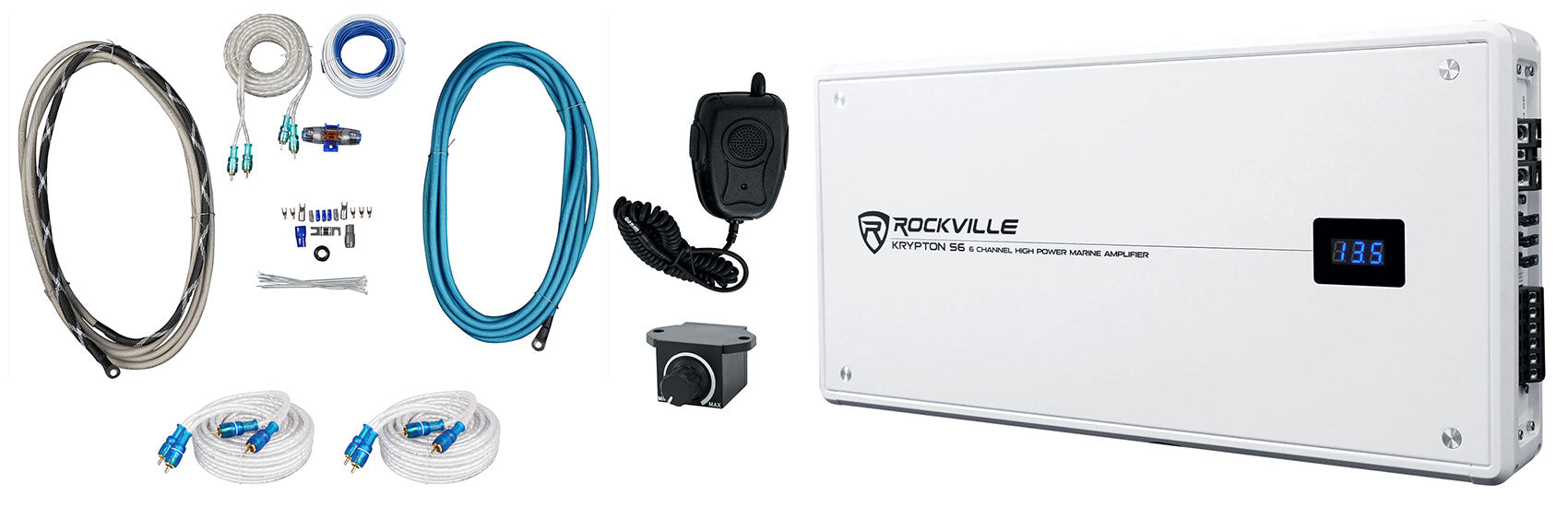 KRYPTON S6 Marine Amplifier + 4 AWG Kit + (2) 25' Marine RCA Bundle