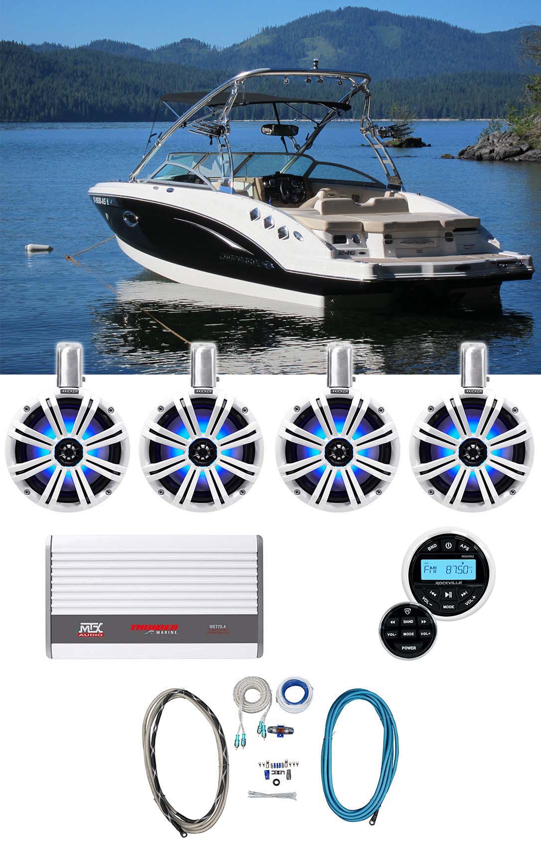 (4) KICKER 45KMTC8W 8" 1200 Watt Marine Wakeboard LED Speakers+MTX Amp+Receiver