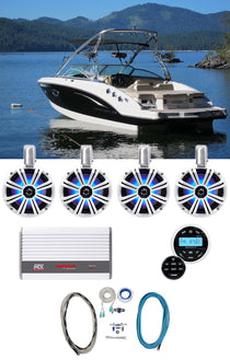 (4) KICKER 45KMTC8W 8" 1200 Watt Marine Wakeboard LED Speakers+MTX Amp+Receiver