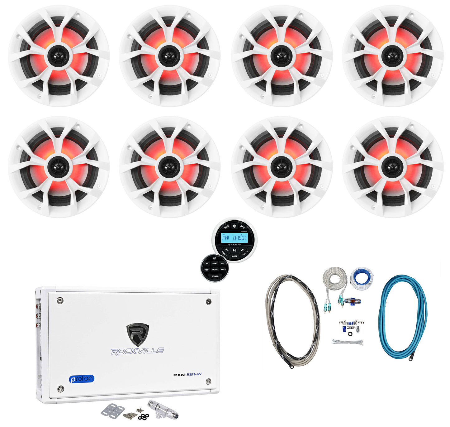 RKL65MBW 6.5" LED 8-Pack + Marine Receiver + 8-Channel Amp Bundle