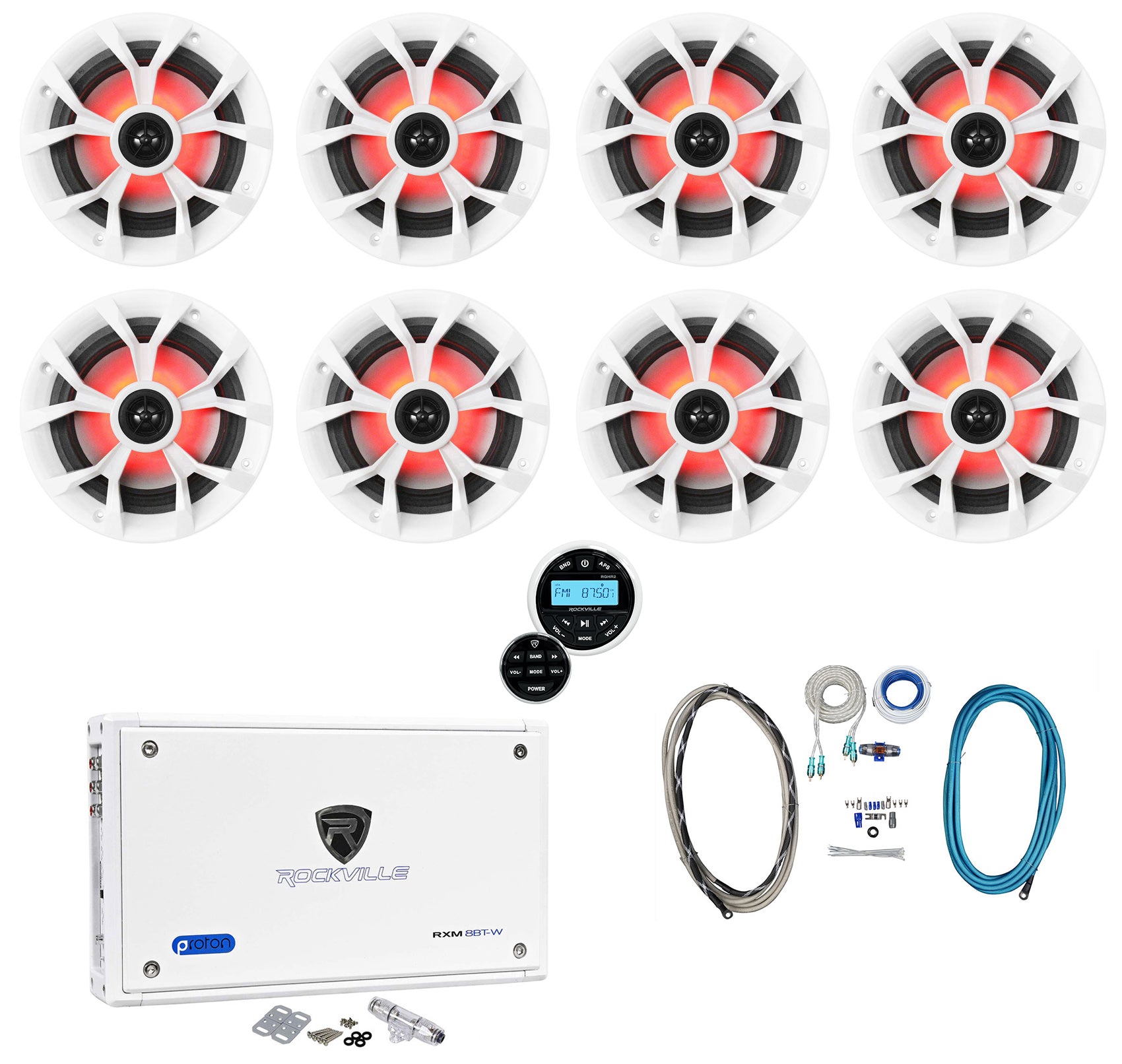 RKL65MBW 6.5" LED 8-Pack + Marine Receiver + 8-Channel Amp Bundle