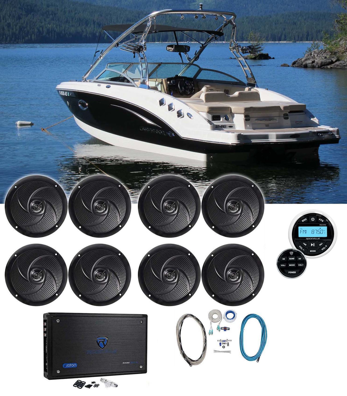 RSM65B 6.5" Slim 8-Pack + 8-Channel Amp + Marine Receiver Bundle