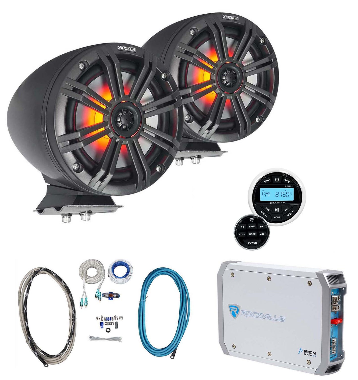 2) KICKER KMFC65 6.5" 195w Black Marine LED Surface Mount Speakers+Receiver+Amp