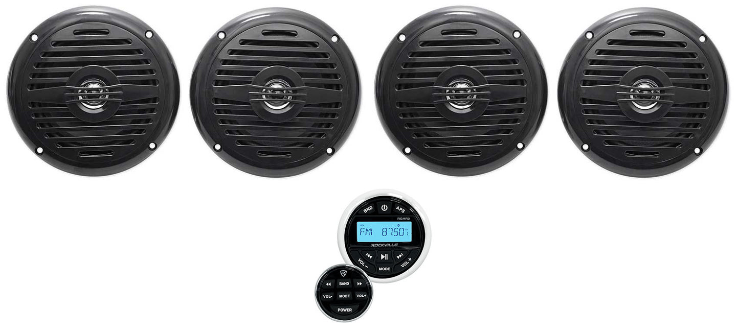 4 Zone Marine Receiver + 5.25" Black Speakers 4-Pack Bundle