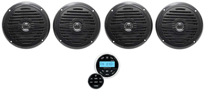 4 Zone Marine Receiver + 5.25" Black Speakers 4-Pack Bundle