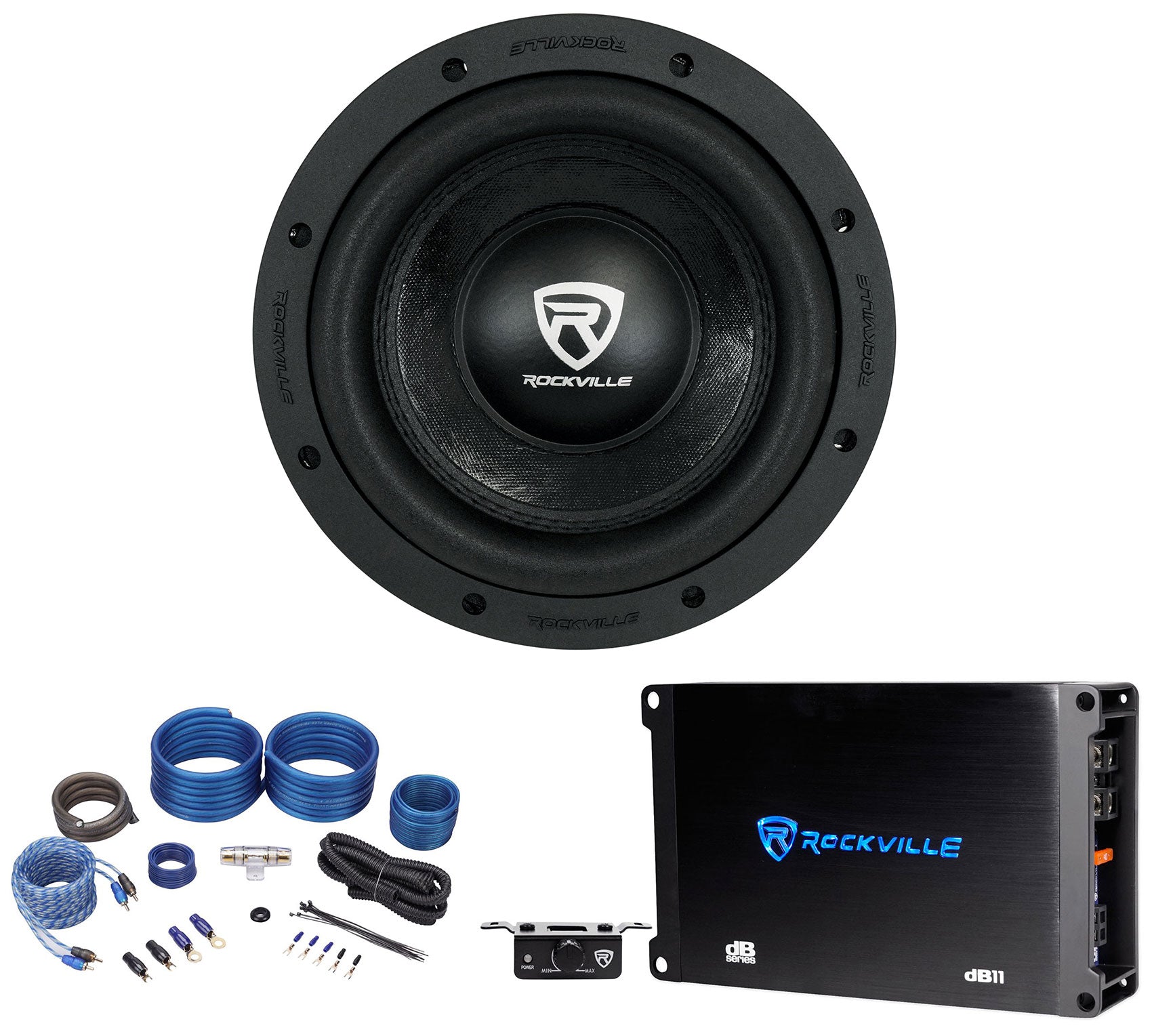 Rockville W8K6D4 + dB11 Mono Amplifier Bundle