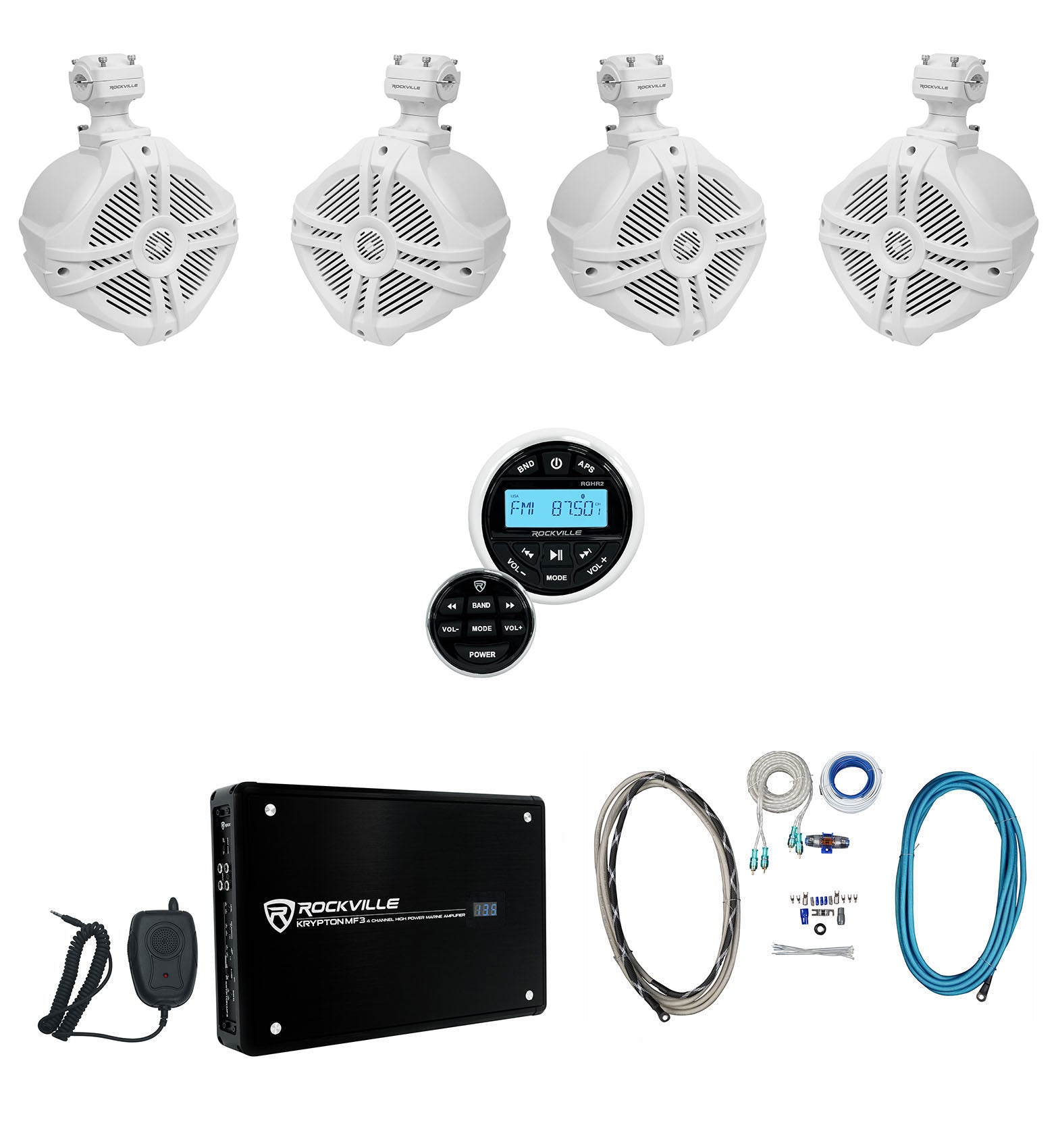 4 Zone Marine Receiver + 6.5" White Towers 4-Pack + 4-Ch Amp Bundle