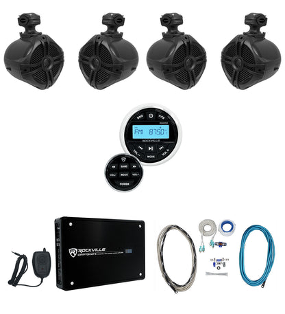 4 Zone Marine Receiver + 6.5" Black Towers 4-Pack + 4-Ch Amp Bundle