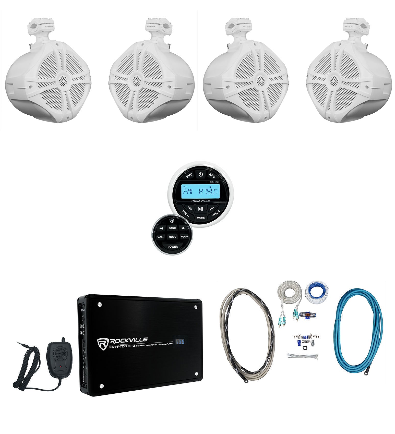 RWB90W White 8" Wakeboard Speakers 2-Pack + RGHR2 Receiver Bundle