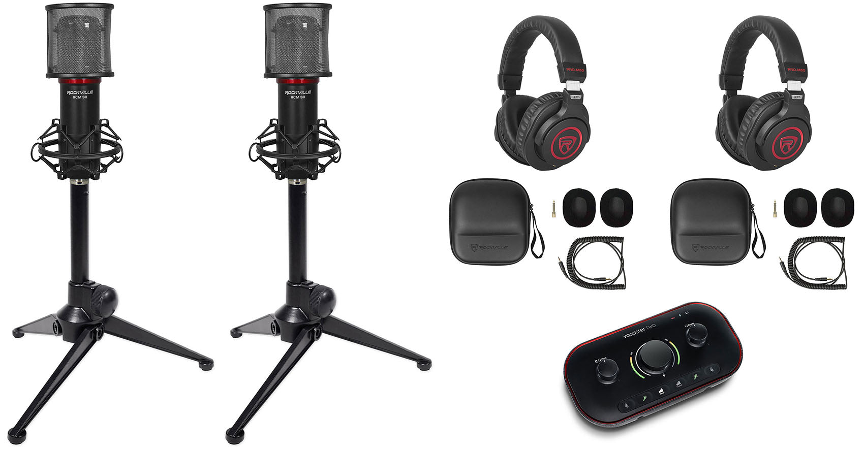 Focusrite Vocaster Two Person Podcasting Studio Interface+Headphones+Mics+Stands