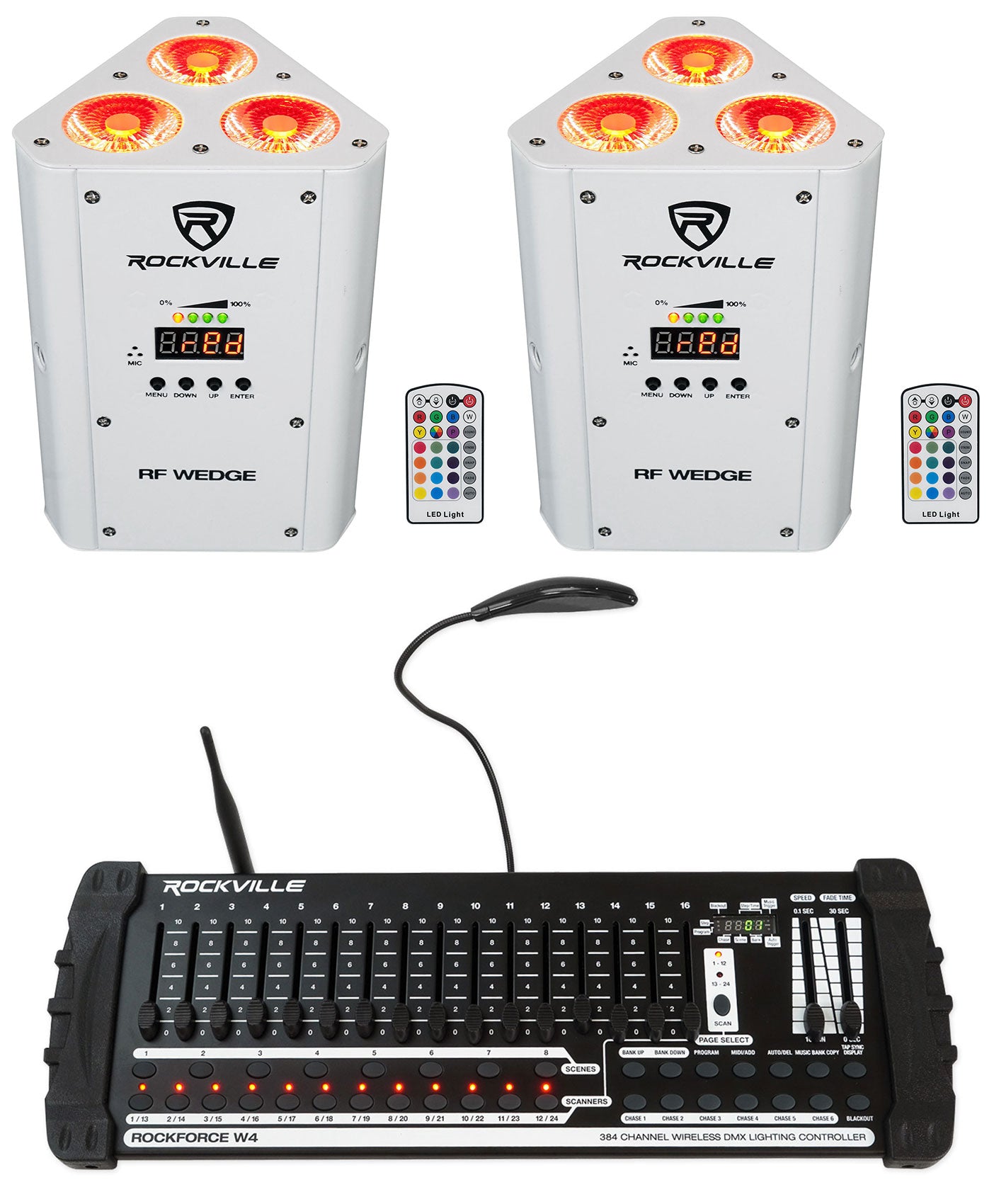 RF WEDGE White 2-Pack + ROCKFORCE W4 Wireless DMX Controller Bundle