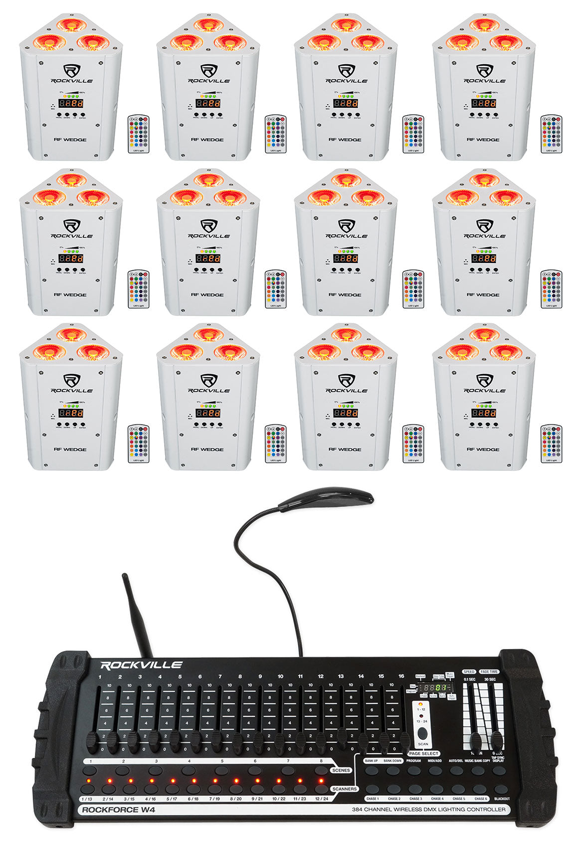 RF Wedge White 12-Pack + ROCKFORCE W4 DMX Controller Bundle