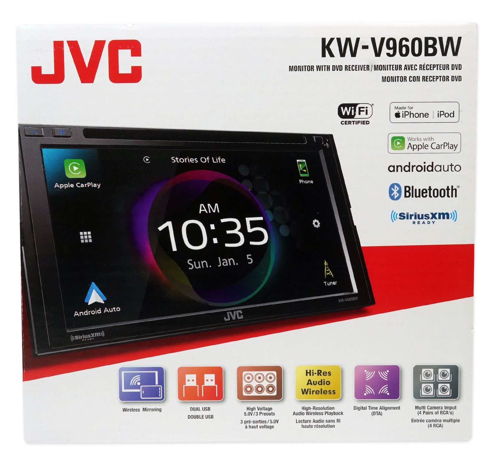 JVC KW-V960BW Wireless Android/CarPlay Monitor Bluetooth DVD Player + Backup Cam