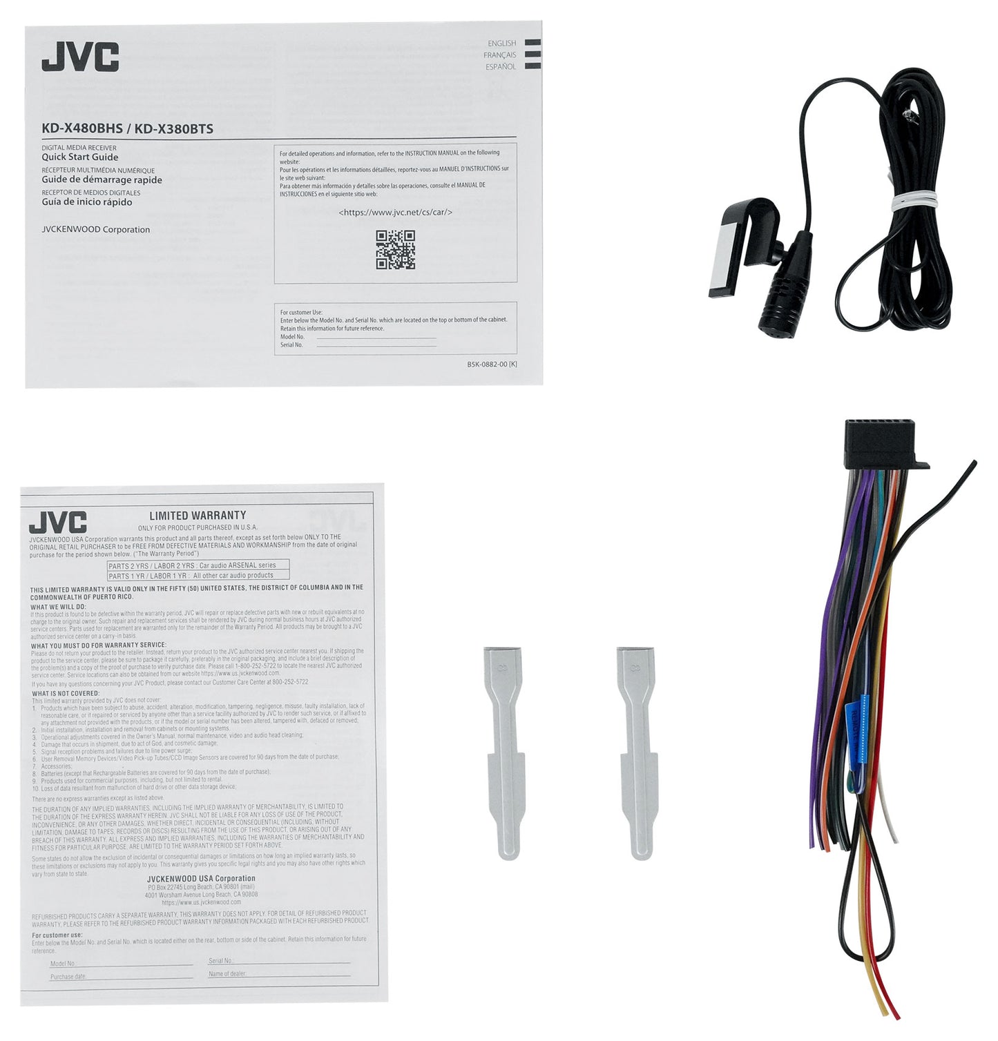 JVC KD-X480BHS 1-Din Car Stereo Bluetooth/USB/XM Ready/Alexa/HD Radio+AUX Cable