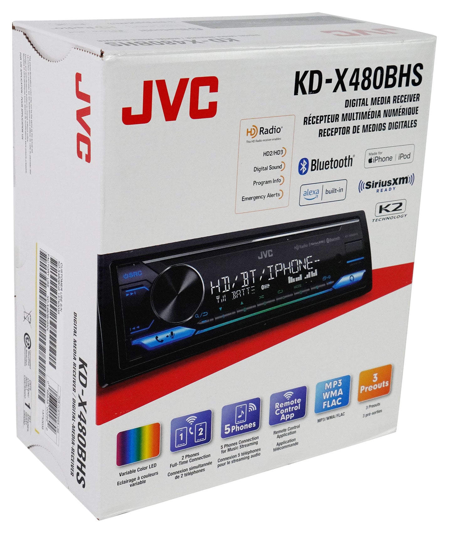 JVC KD-X480BHS 1-Din Car Stereo Bluetooth/USB/XM Ready/Alexa/HD Radio+AUX Cable