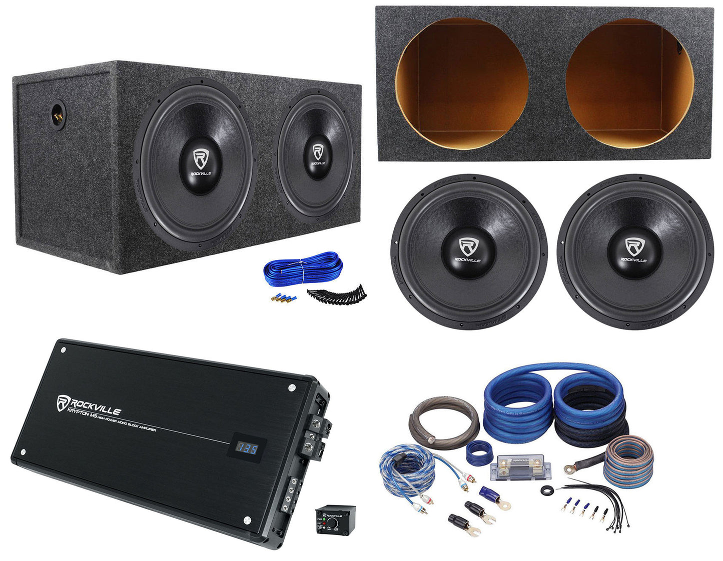 Rockville 15" Subwoofers 2-Pack + KRYPTON-M5 Mono Amplifier Bundle