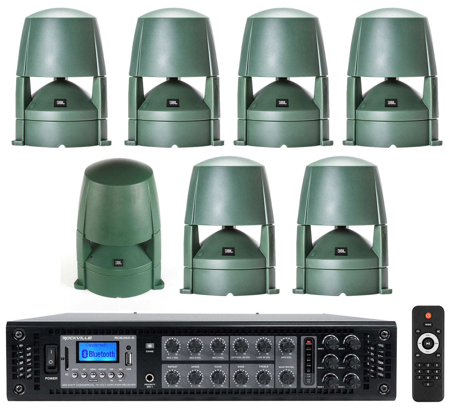 RCS350-6 6-Zone 350W Amp + Control 85M Green 6-Pack + Control 89MS Sub Bundle