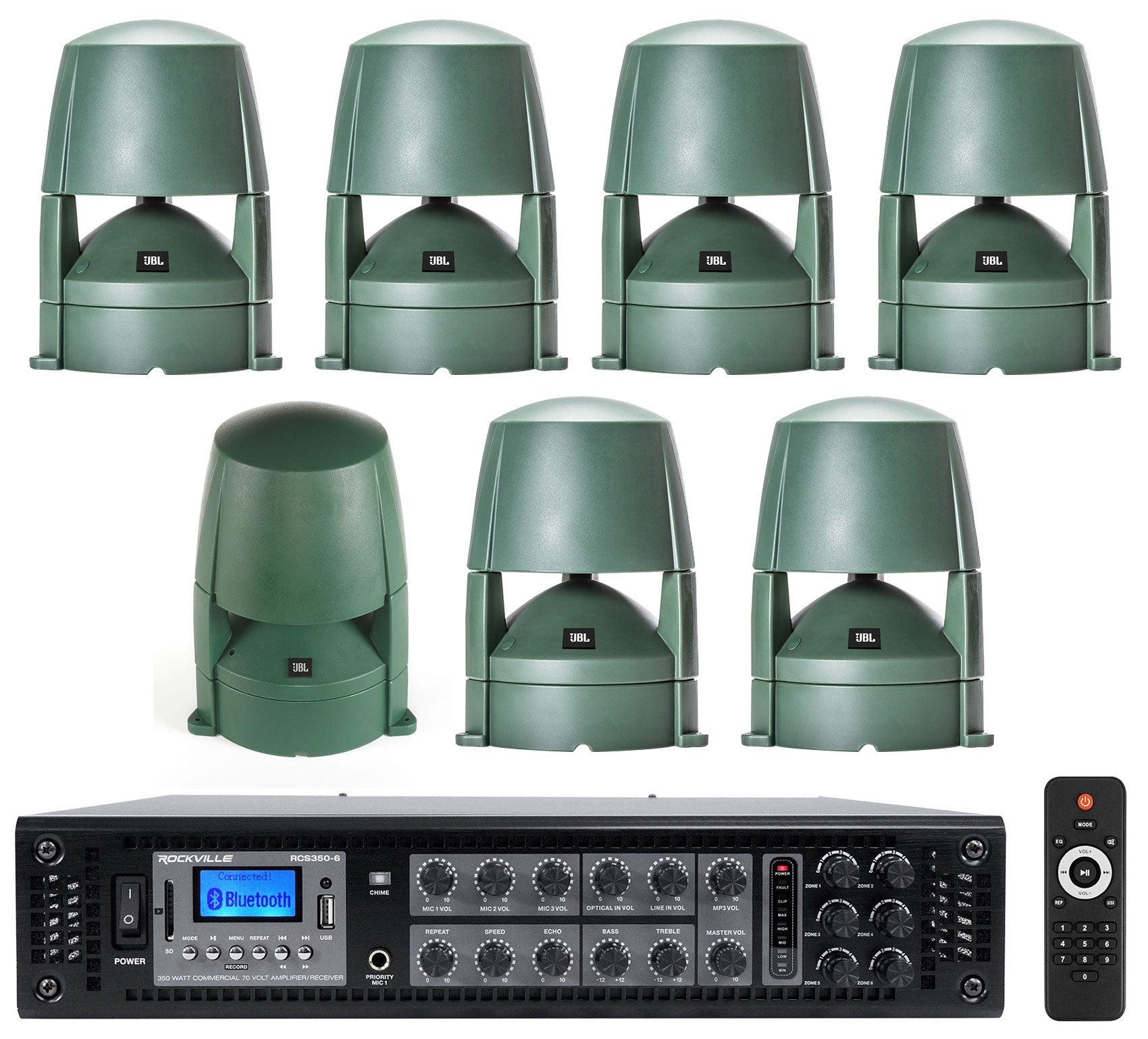 RCS350-6 6-Zone 350W Amp + Control 85M Green 6-Pack + Control 89MS Sub Bundle