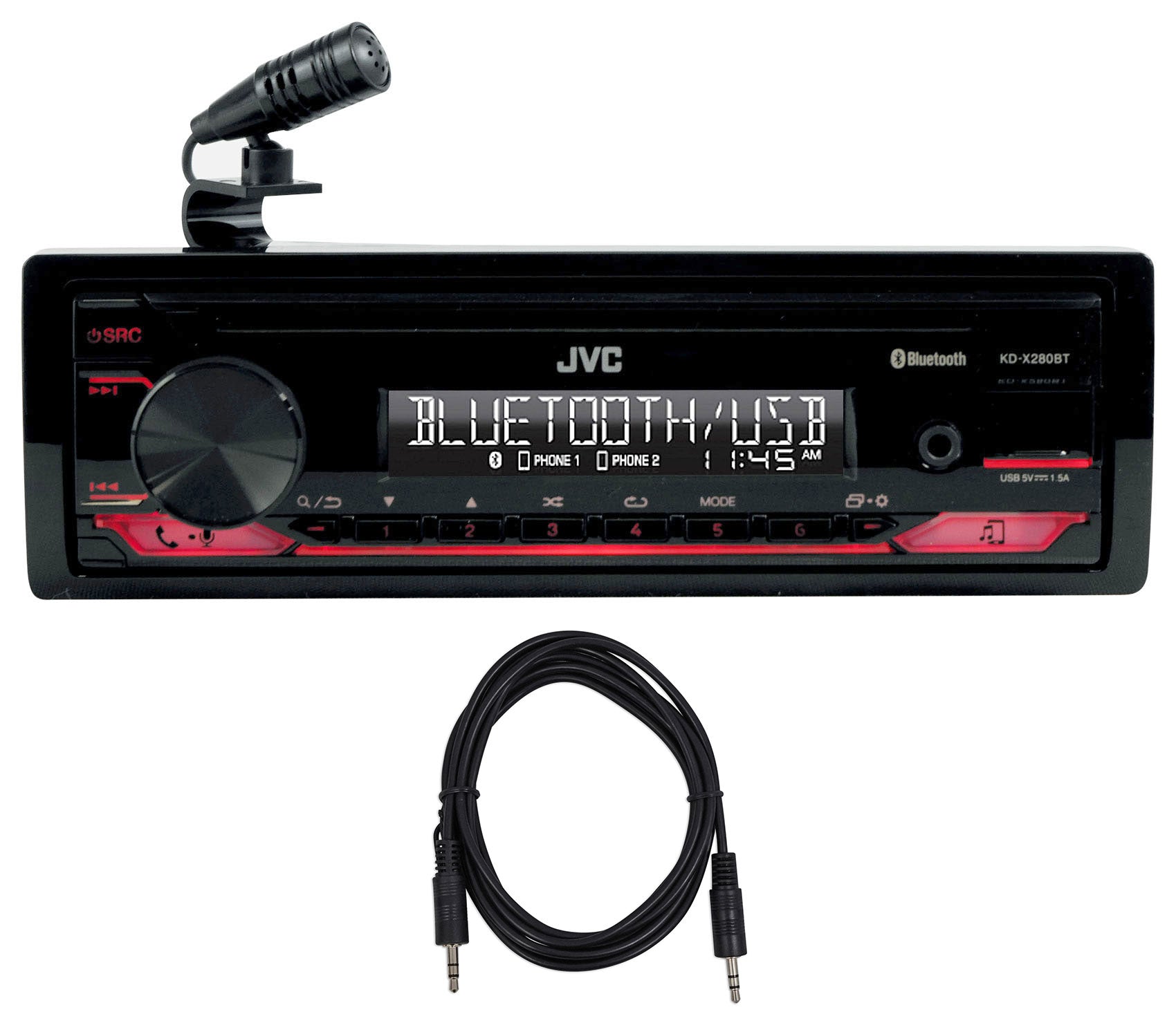 JVC KD-X280BT 1-Din Car Stereo Receiver w/Bluetooth/USB/13-Band EQ+AUX Cable