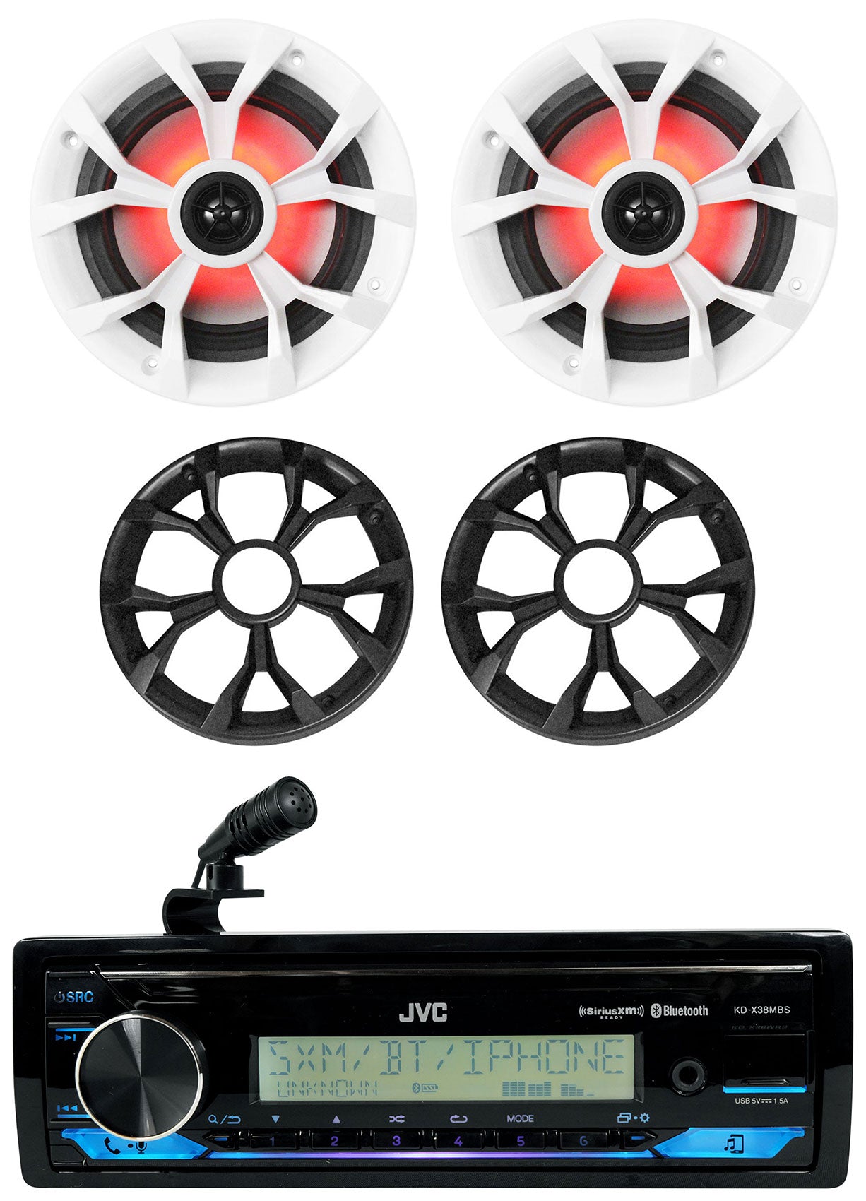 JVC KD-X38MBS 1-Din Marine Stereo Receiver w/Bluetooth/USB+(2) 6.5" LED Speakers