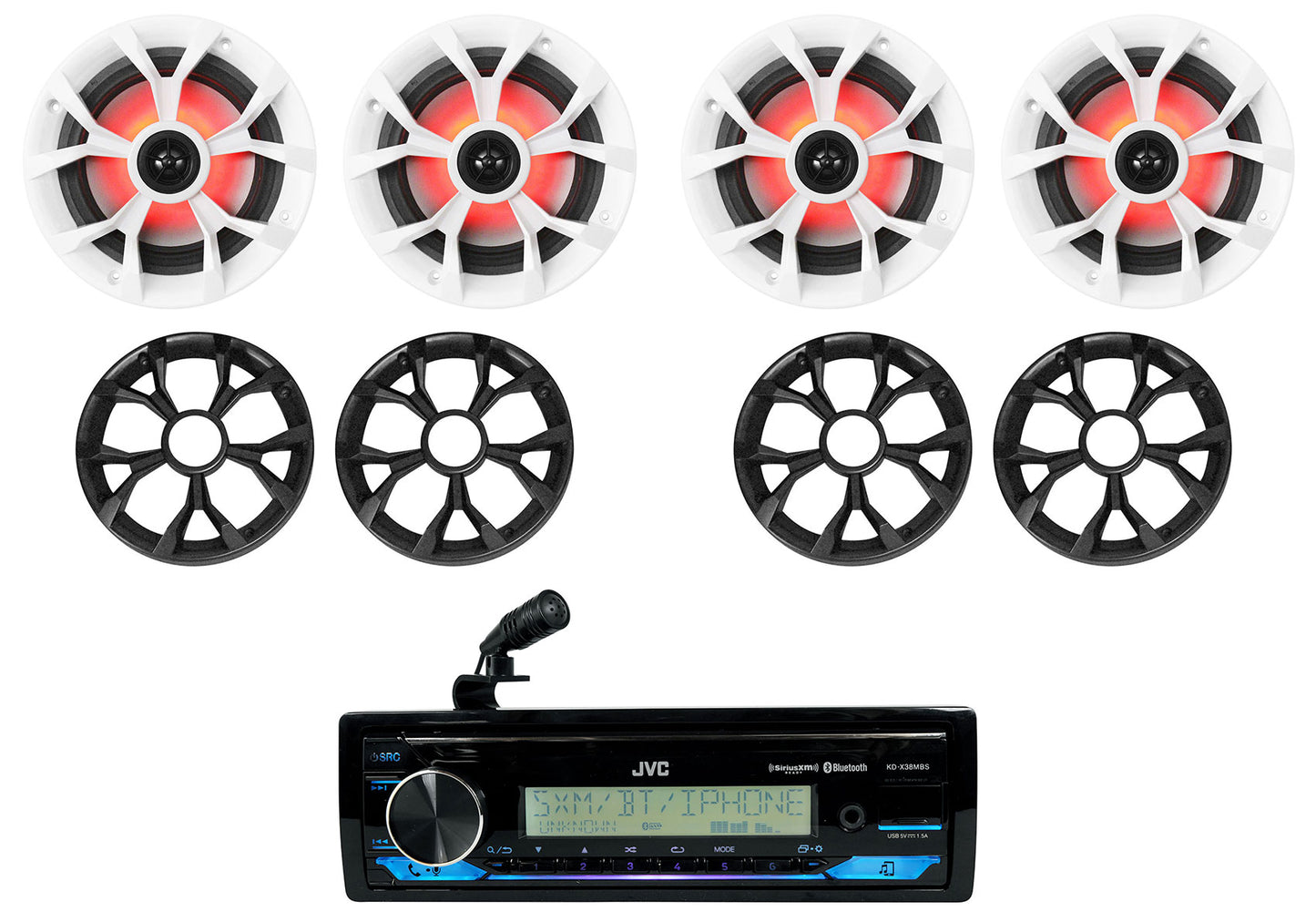 JVC KD-X38MBS 1-Din Marine Stereo Receiver w/Bluetooth/USB+(4) 6.5" LED Speakers