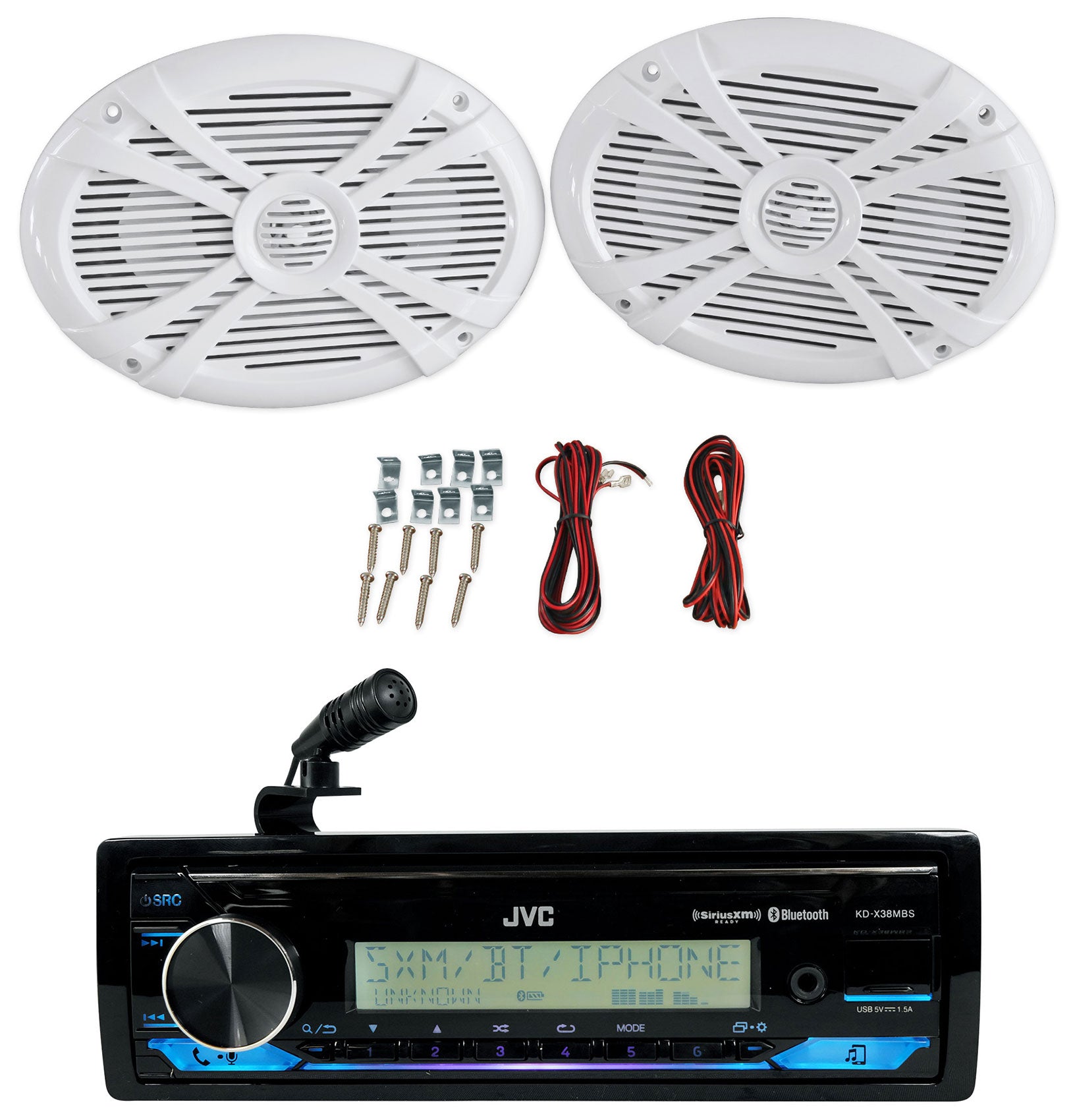 JVC KD-X38MBS 1-Din Marine Stereo Receiver w/Bluetooth/USB+(2) 6x9" Speakers