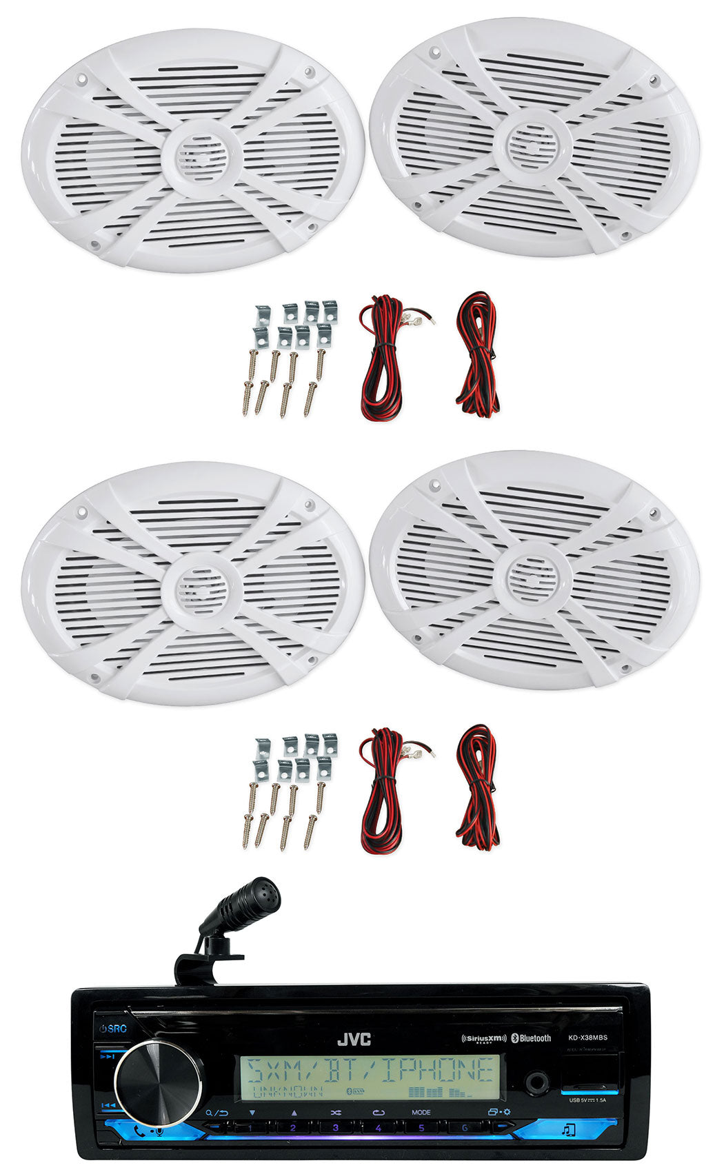 JVC KD-X38MBS 1-Din Marine Stereo Receiver w/Bluetooth/USB+(4) 6x9" Speakers