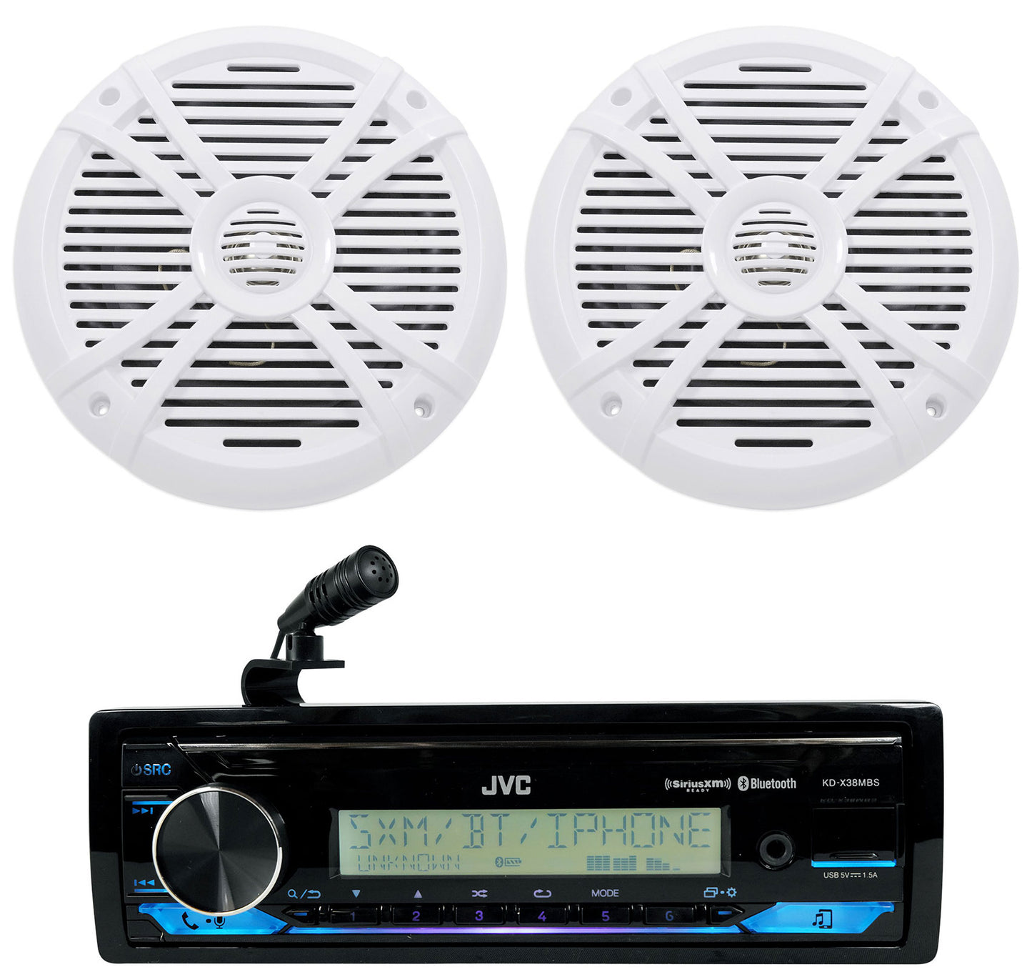 JVC KD-X38MBS 1-Din Marine Stereo Receiver w/Bluetooth/USB+(2) White 8" Speakers