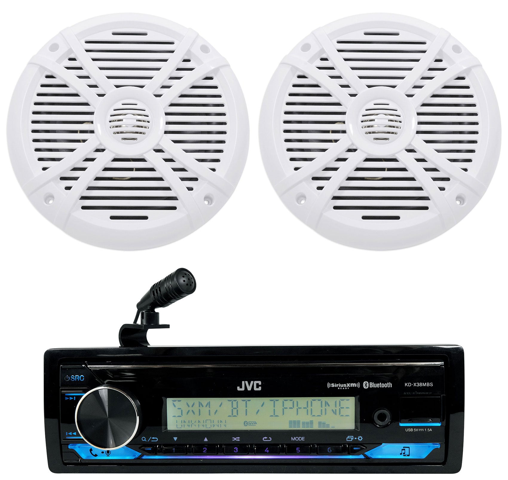 JVC KD-X38MBS 1-Din Marine Stereo Receiver w/Bluetooth/USB+(2) White 8" Speakers
